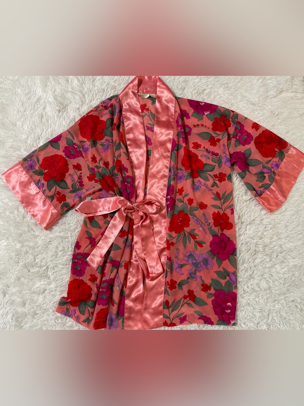 Vintage Victorias Secret Gold Tag 80s 90s Kimono Robe One Size Floral Pink Satin
